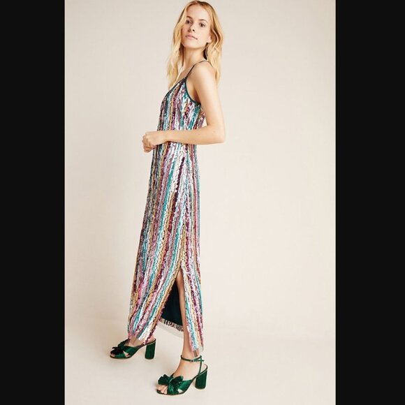 Eva Franco Anthropologie Sequined Maxi Slip multi stripe Dress sequin nwt - Picture 2 of 4